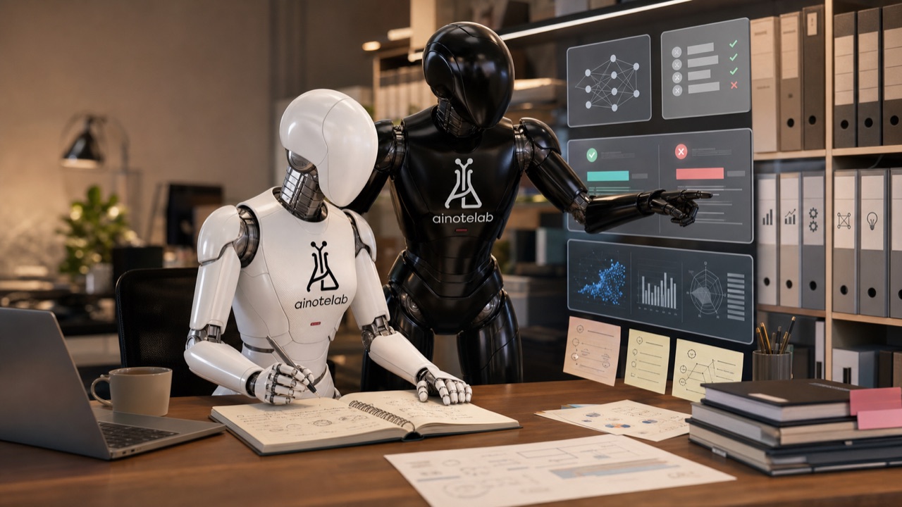 AI 노트랩 마스코트 로봇이 책상에서 AI 모델을 비교하고 노트에 기록하는 모습