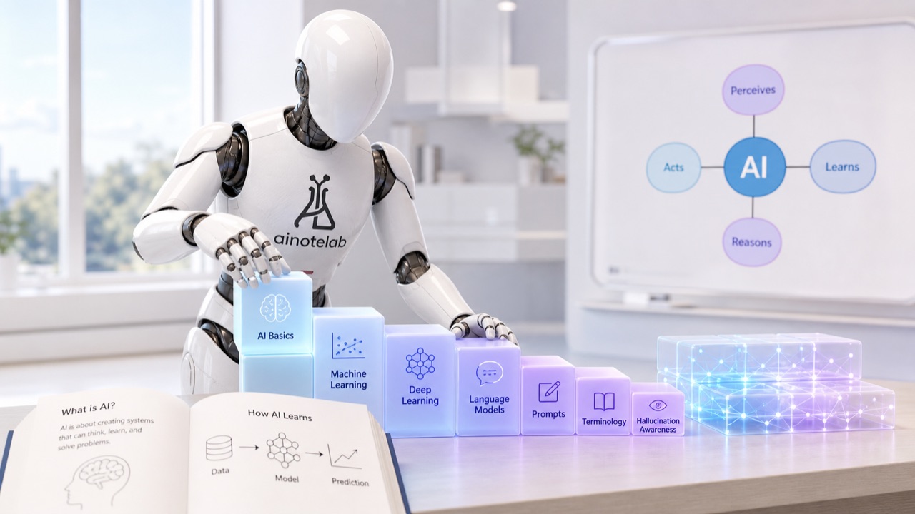 AI 노트랩 마스코트 로봇이 AI 기초 개념을 공부하는 모습