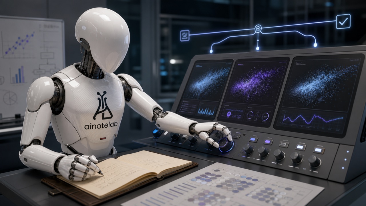 AI 노트랩 마스코트 로봇이 AI 실험을 기록하는 모습