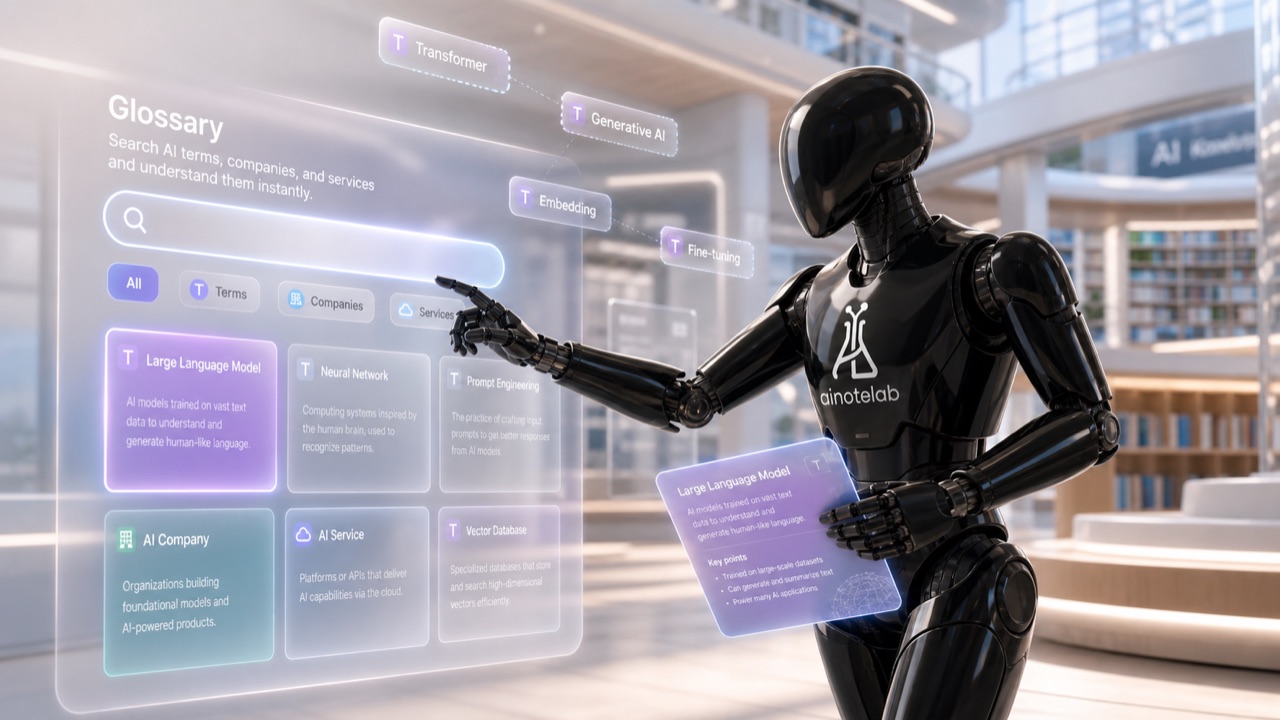The AI Note Lab mascot robot exploring an AI terms, companies, and services search screen